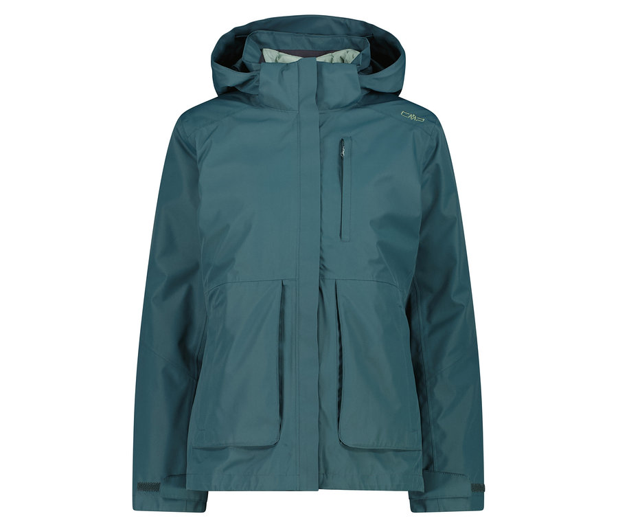 Türkise Jacke mit Kapuze und Taschen.