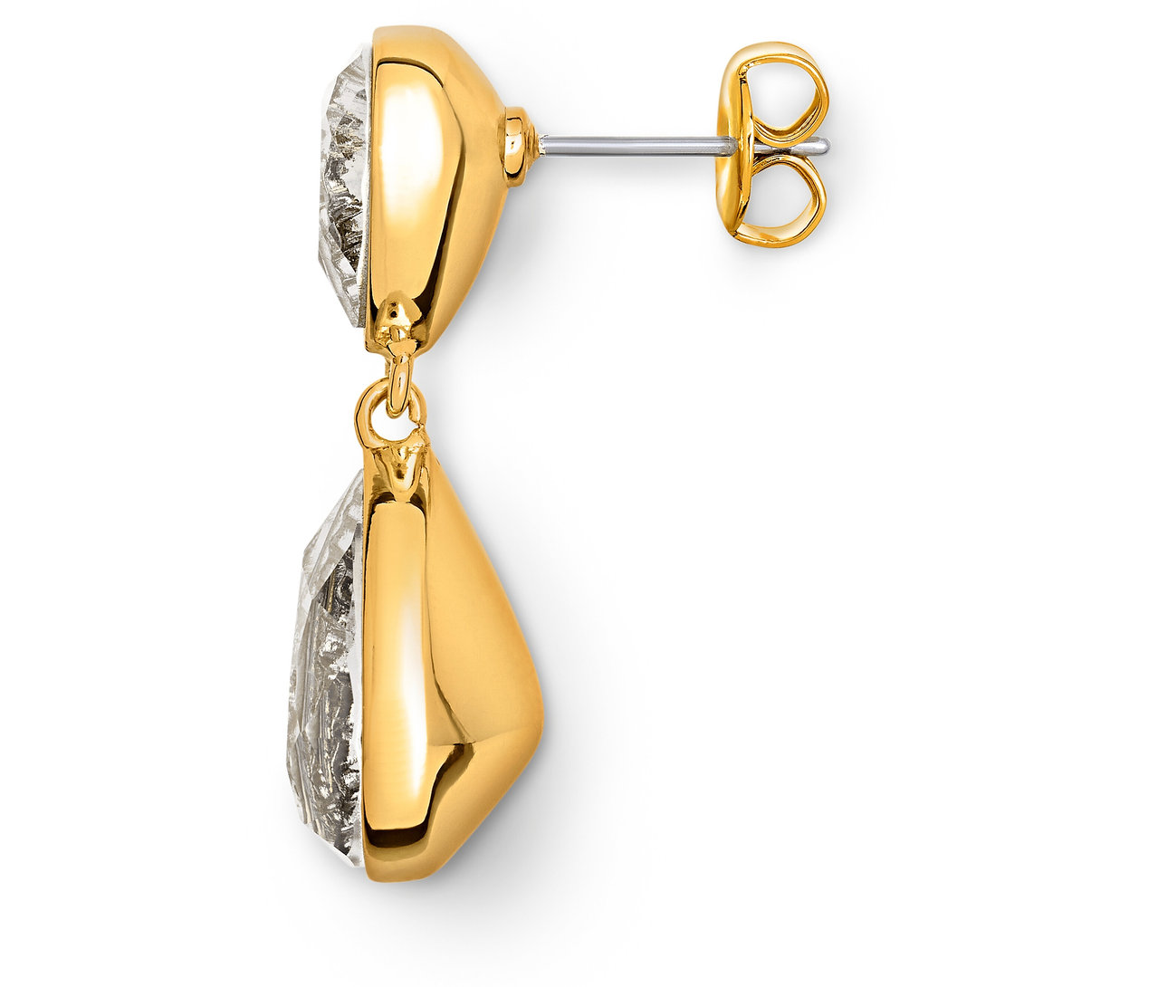 Detailaufnahme eines goldenen Ohrrings mit klarem Stein.