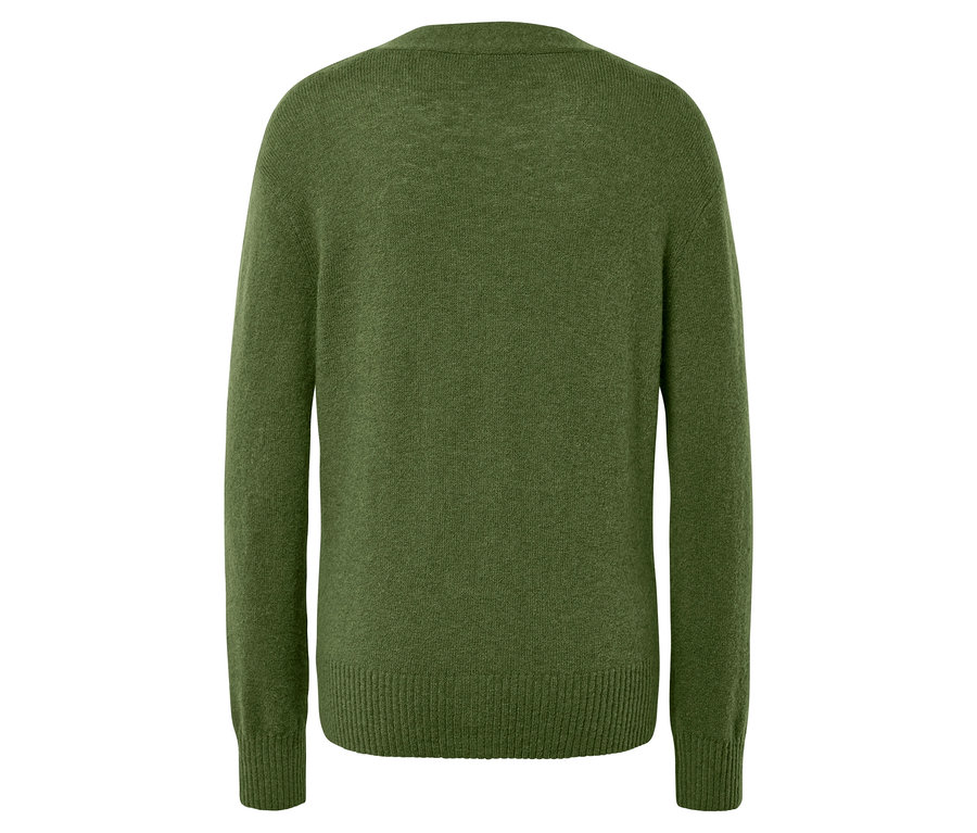 Rückansicht eines olivgrünen Langarmpullovers.