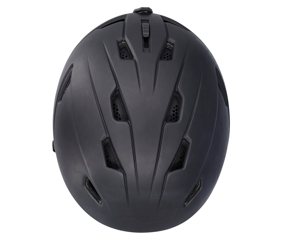 Draufsicht auf einen schwarzen Helm mit Belüftungsöffnungen.