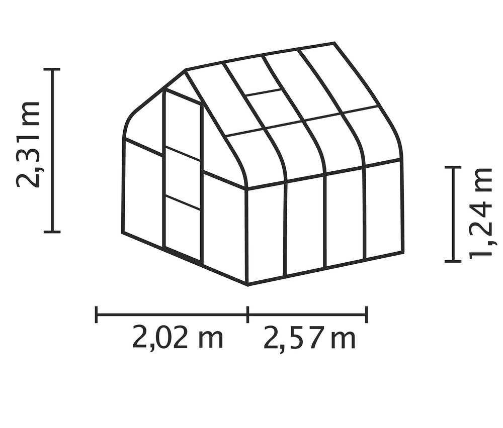 Skizze des Vitavia-Gewächshauses »Orion 5000« mit Abmessungen, inklusive Rahmenfundament.