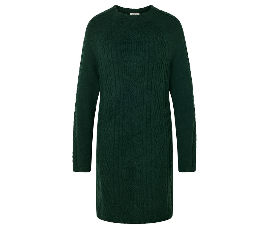 Ein grünes Strickkleid mit langen Ärmeln und Zopfmuster.