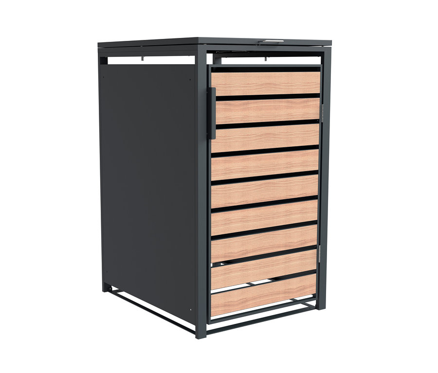 Metall-Mülltonnenbox mit Holzlamellen.
