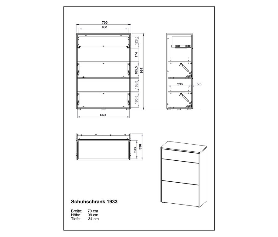 Technische Zeichnung eines Schuhschranks namens 1933 mit Breiten-, Höhen- und Tiefenangaben in Zentimetern.