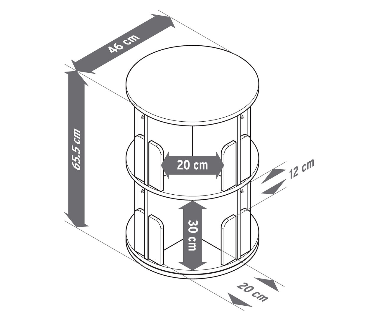 Abbildung eines drehbaren Bücherregals mit 2 Ebenen und Maßangaben.