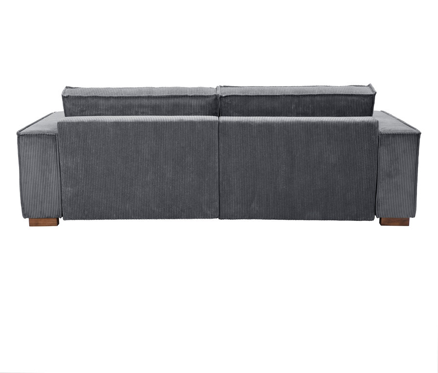 Rückansicht eines grauen Cordsofas mit hölzernen Füßen.