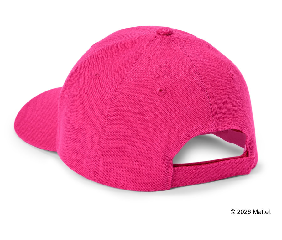 Rückansicht einer pinkfarbenen Baseballkappe auf einem weißen Hintergrund.