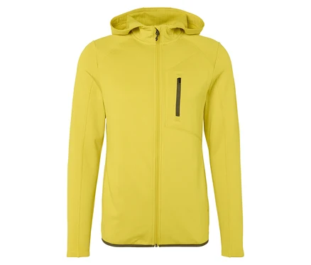 Gelbe Funktionsjacke mit Kapuze und Reißverschluss.