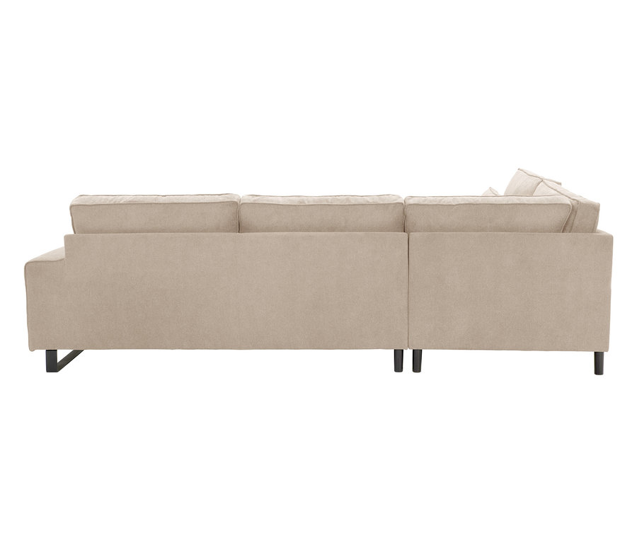 Rückansicht eines beigen Stoffsofas mit schwarzen Füßen.