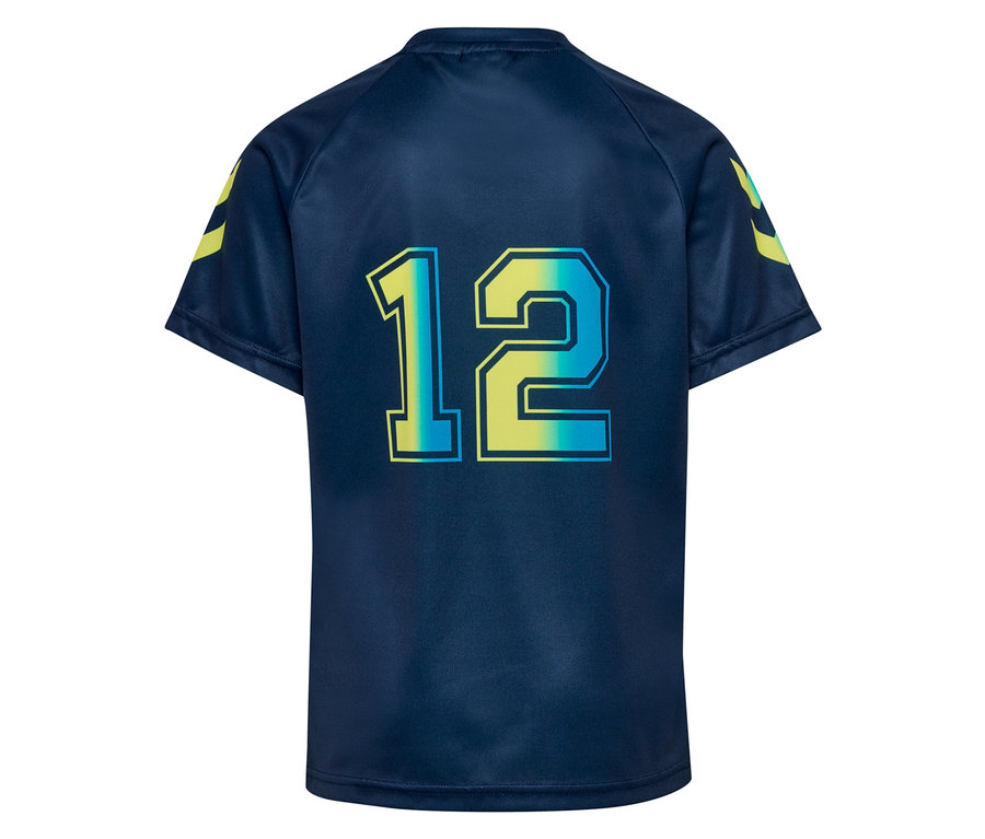 Rückansicht eines marineblauen Trikots mit der Nummer 12 in Gelb-Grün.