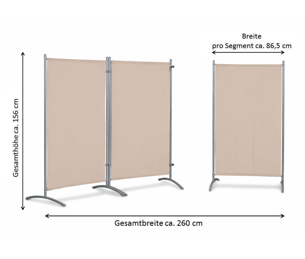 Die Abbildung zeigt eine dreiteilige, beige Leco Stellwand mit Maßangaben.