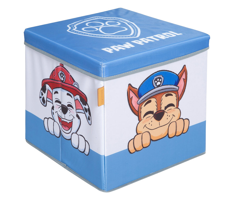 Blau-weiße Aufbewahrungsbox mit Paw Patrol-Figuren.