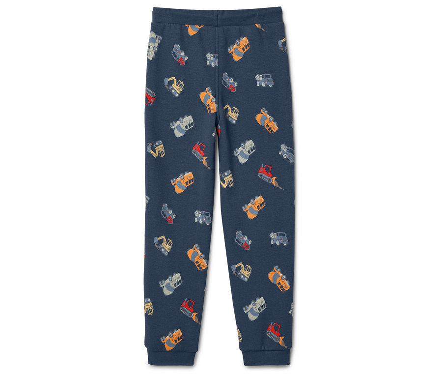 Blaue Jogginghose mit Bagger-Motiv.