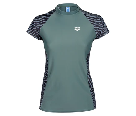 Grünes Arena Kurzarmshirt mit Zebramuster an Ärmeln und Seiten.