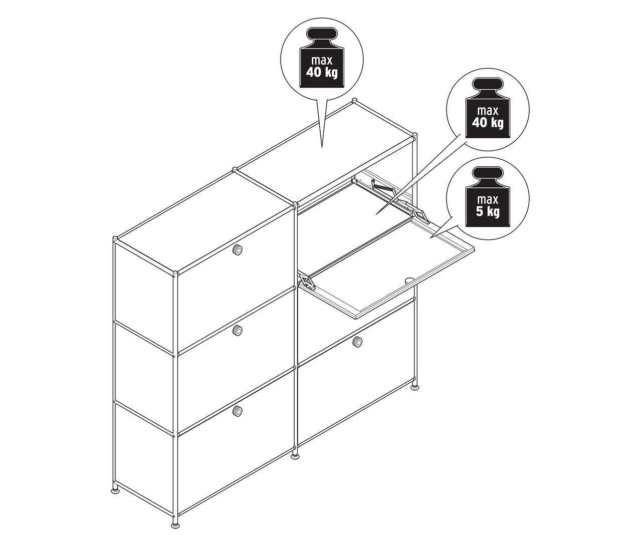 Schemazeichnung einer Metall-Kommode »CN3« mit sechs Klappfächern, eines davon geöffnet.