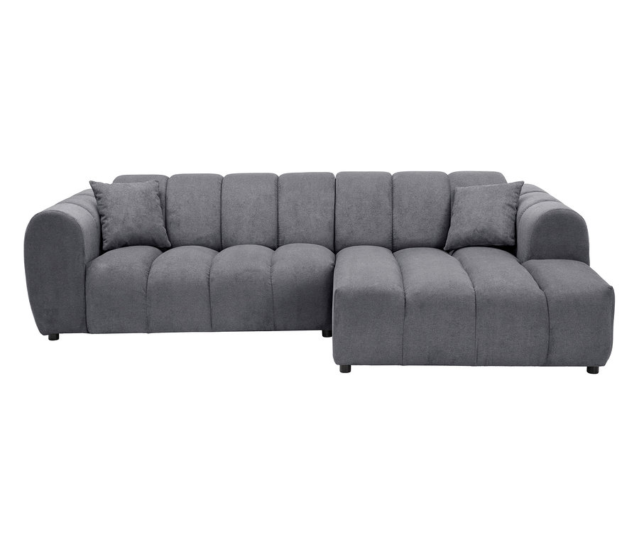 Graues modulares Ecksofa mit zwei Kissen.