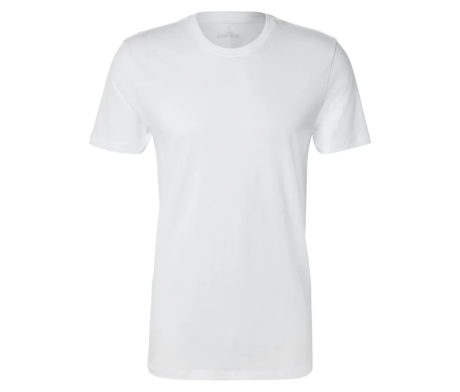 Weißes T-Shirt mit kurzen Ärmeln und Rundhalsausschnitt liegt flach auf weißem Hintergrund.