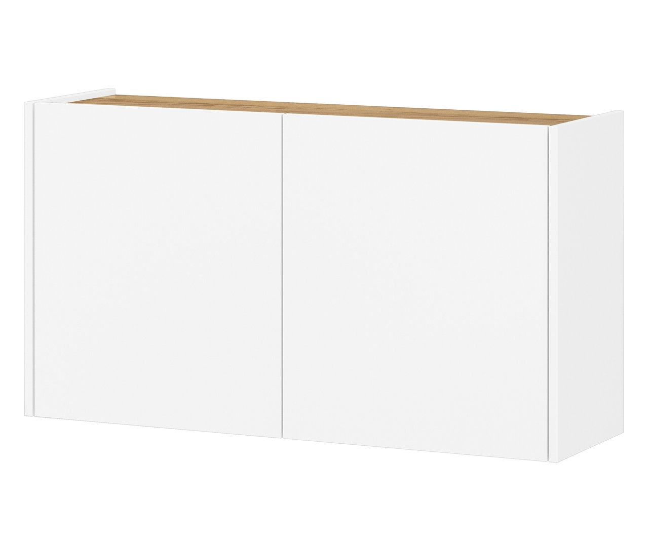 Weißer Hängeschrank mit zwei Türen und einer hellbraunen Oberseite.