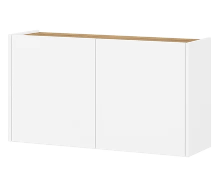Weißer Hängeschrank mit zwei Türen und einer hellbraunen Oberseite.