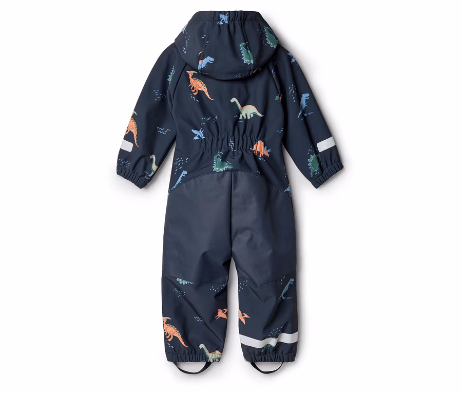 Rückansicht eines dunkelblauen Kinder-Overall mit Kapuze und Dinosaurier-Muster.