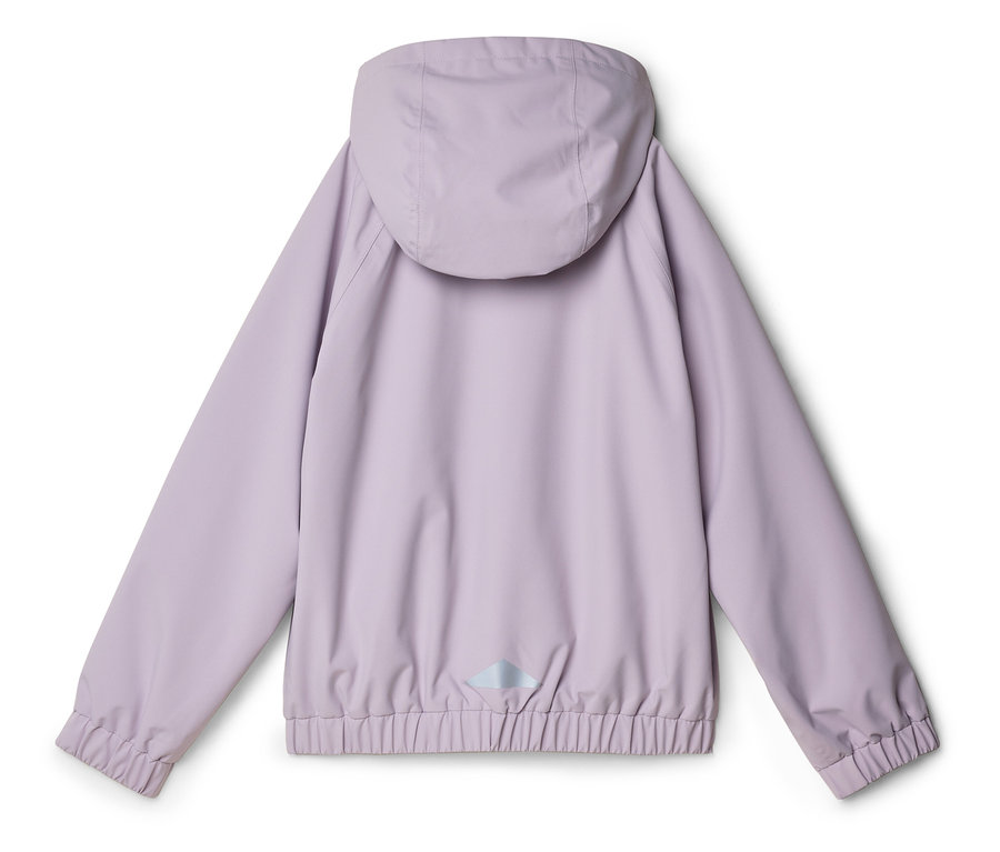 Rückansicht einer hellvioletten Regenjacke mit Kapuze und elastischem Saum an Ärmeln und Taille.