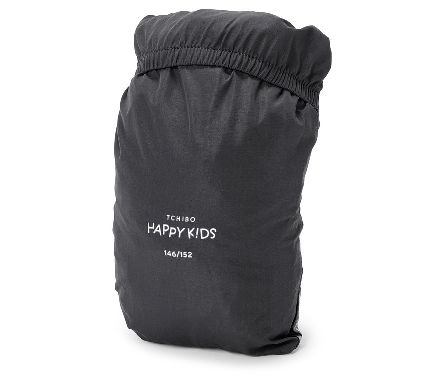 Dunkelgrauer, geraffter Packsack mit dem Aufdruck TCHIBO HAPPY KIDS 146/152.