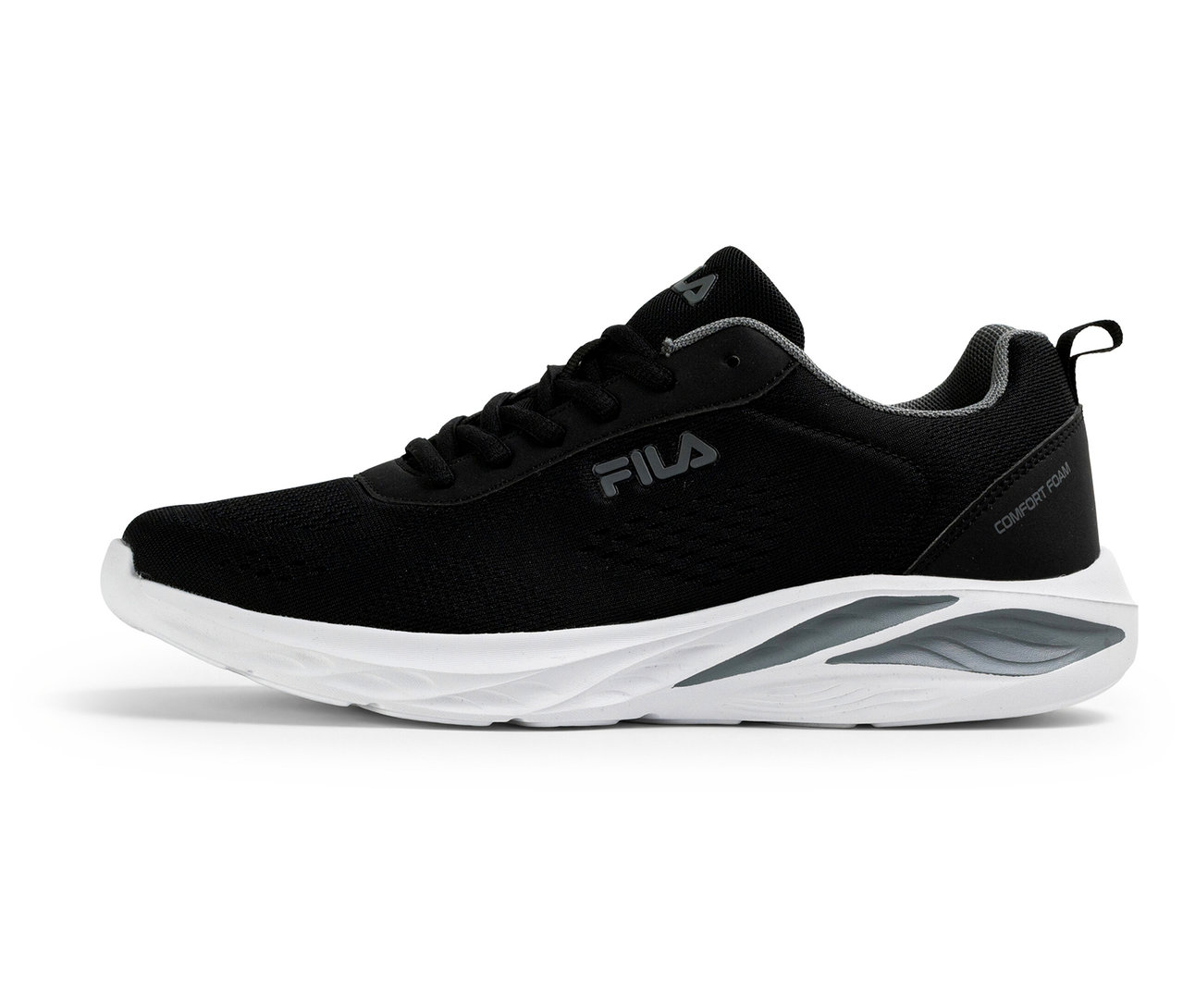 Schwarzer FILA Specctris Herren-Sneaker mit weißer und grauer Sohle und "Comfort Foam"-Schriftzug an der Seite.