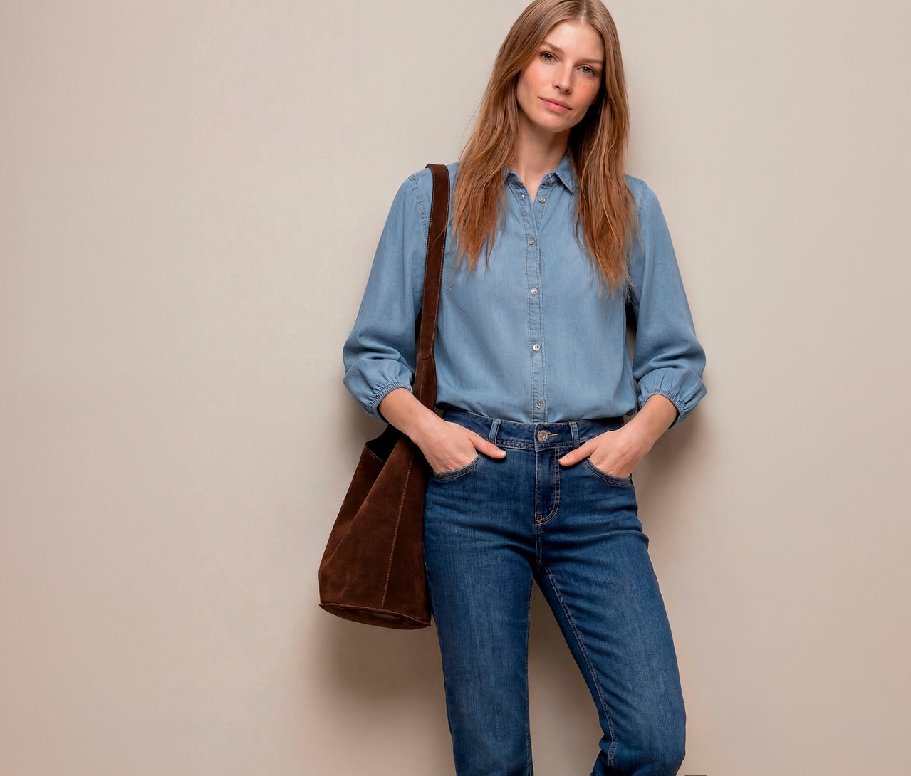 Frau mit Jeanshemd und Jeanshose, die eine braune Wildledertasche über der Schulter trägt und die Hände in den Hosentaschen hat.