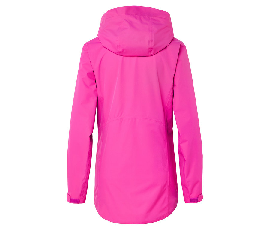 Rückansicht einer pinkfarbenen Jacke mit Kapuze.