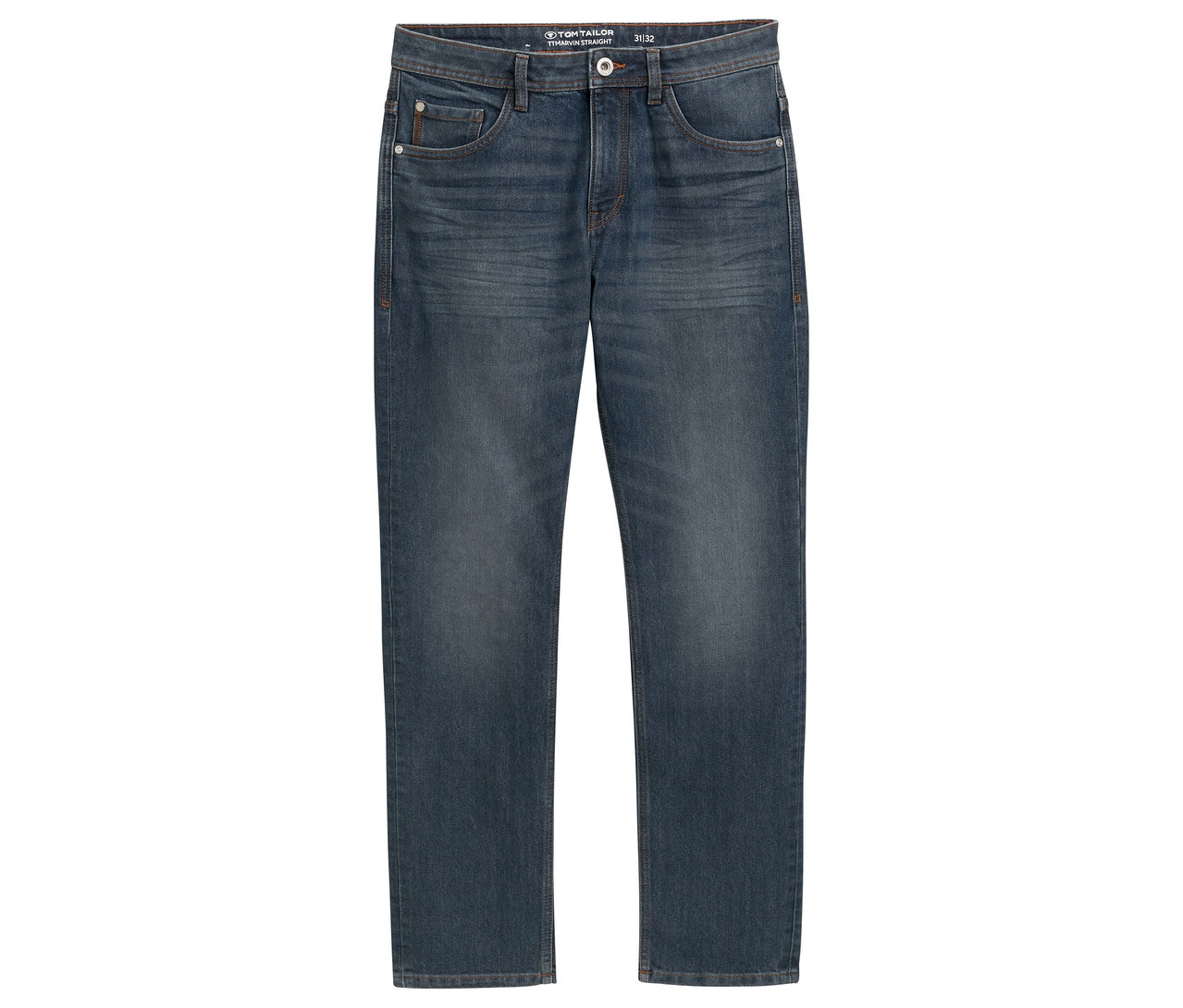 Tom Tailor TT MARVIN STRAIGHT Jeans mit Stretch, Mid Stone Blue Grey Denim, liegen auf einem weißen Hintergrund.