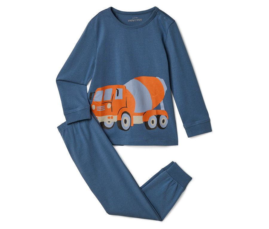 Blauer Schlafanzug mit Betonmischer-Motiv.