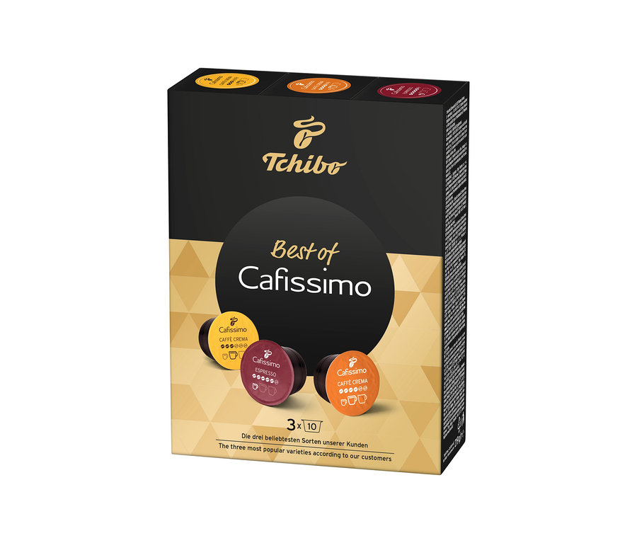 Eine Packung Cafissimo Best of Cafissimo 30 Kapseln von Tchibo ist zu sehen.