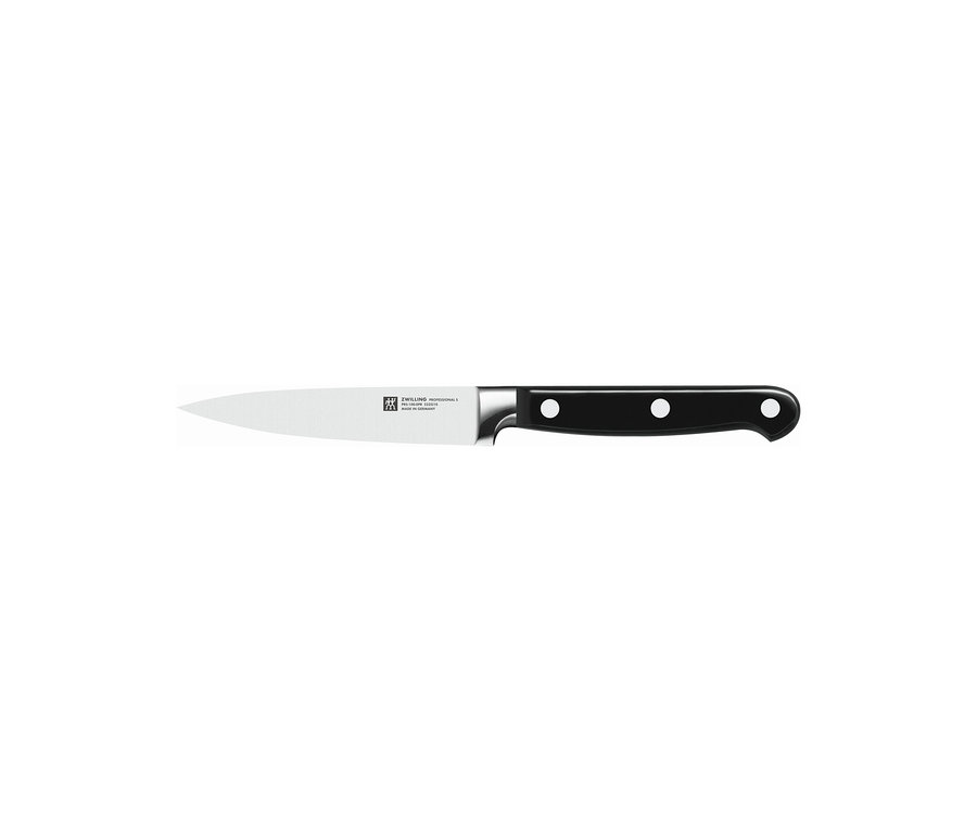 Ein ZWILLING Professional S Messer mit silberner Klinge und schwarzem Griff mit drei Nieten.