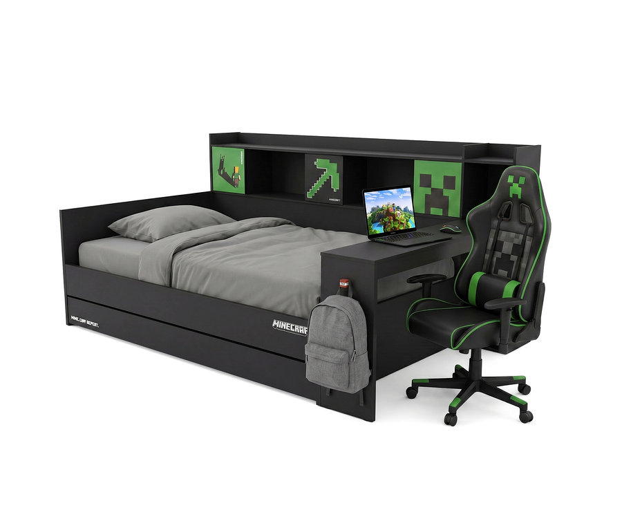 Schwarzes Roba Jugendbett im Minecraft-Design mit integriertem Schreibtisch, Regal und Gästebettfunktion. Ein Laptop steht auf dem Schreibtisch, daneben ein schwarz-grüner Gaming-Stuhl mit Creeper-Motiv. Ein Rucksack hängt am Bettrahmen.