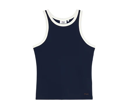 Dunkelblaues FILA Damen-Sportshirt als Tanktop mit Rippstruktur und weißem Besatz an Ausschnitt und Armausschnitten.