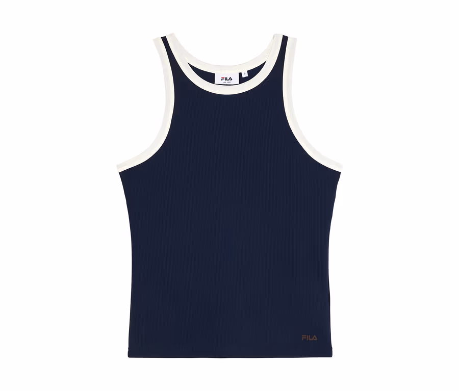 Dunkelblaues FILA Damen-Sportshirt als Tanktop mit Rippstruktur und weißem Besatz an Ausschnitt und Armausschnitten.