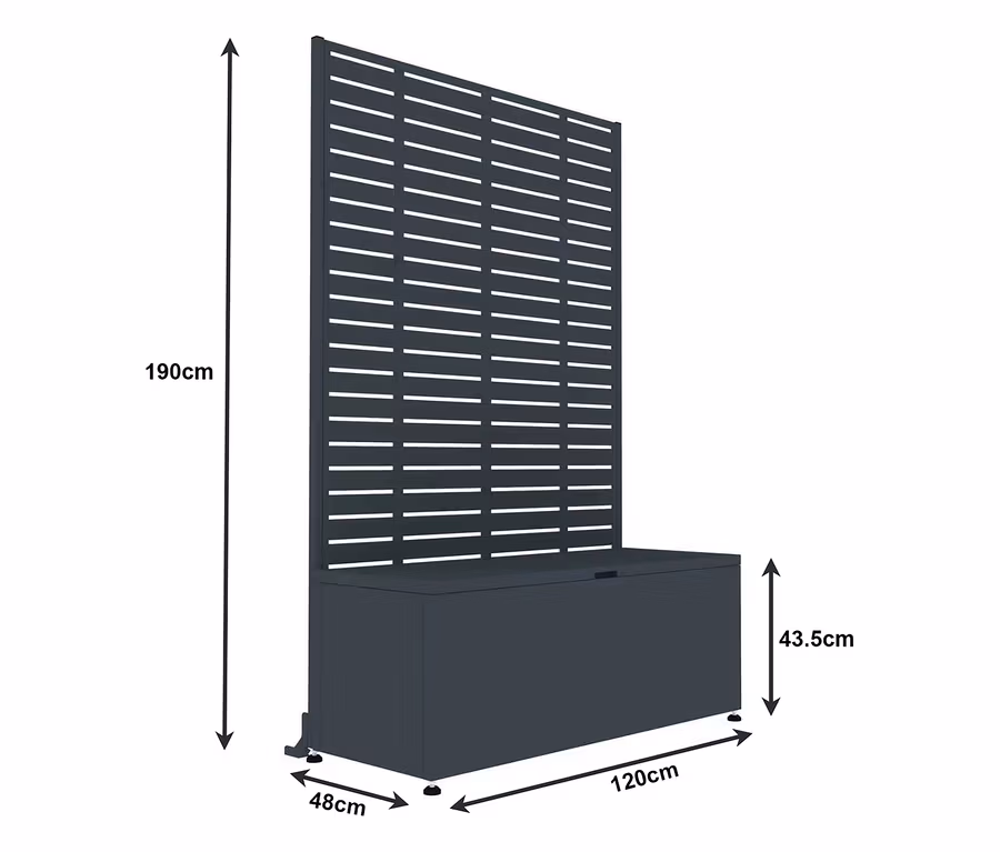 Dunkelgrauer Sichtschutz mit Sitzbank und Stauraum, 190 cm hoch, die Bank ist 43,5 cm hoch, 120 cm breit und 48 cm tief.