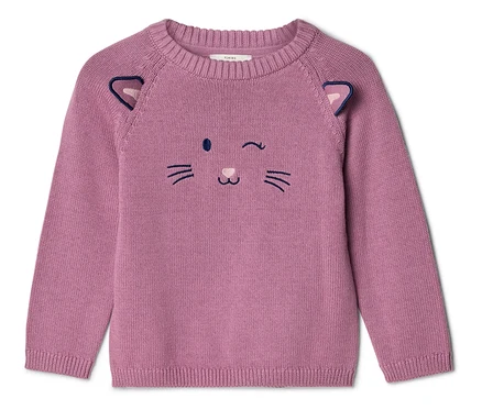 Rosa Strickpullover mit Katzengesicht-Design auf der Vorderseite, mit gestickten Augen, Nase, Mund, Schnurrhaaren und zwei kleinen Ohren an den Schultern.