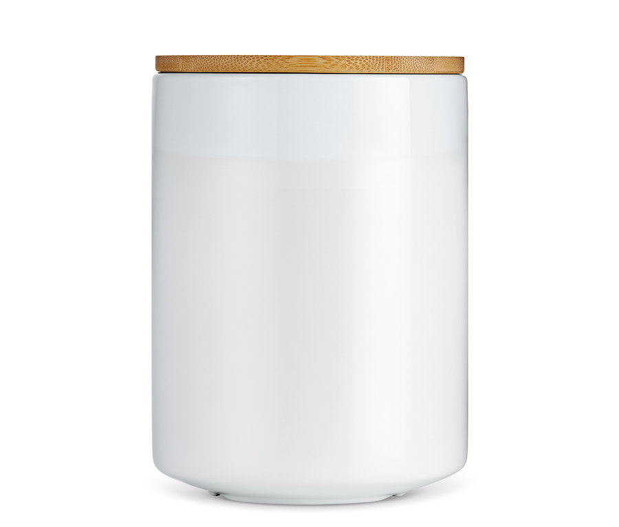 Weiße Kaffeedose aus Keramik mit Holzdeckel.