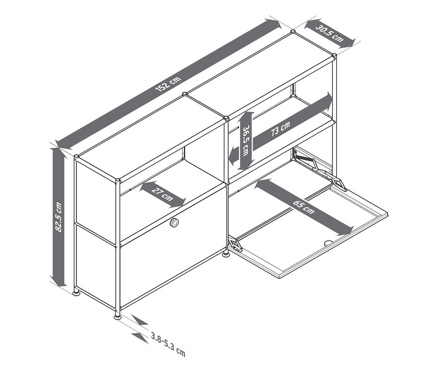 Draufsicht einer schematischen Darstellung eines Metall-Sideboards »CN3 Slim Line« mit zwei versetzbaren Klappenfächern, wobei eines geöffnet ist. Maßangaben sind enthalten.