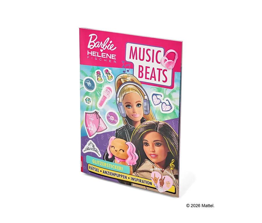 Das Barbie Helene Fischer Music Beats Stickerheft zeigt zwei Barbie-Puppen und Aufkleber mit Musikmotiven.