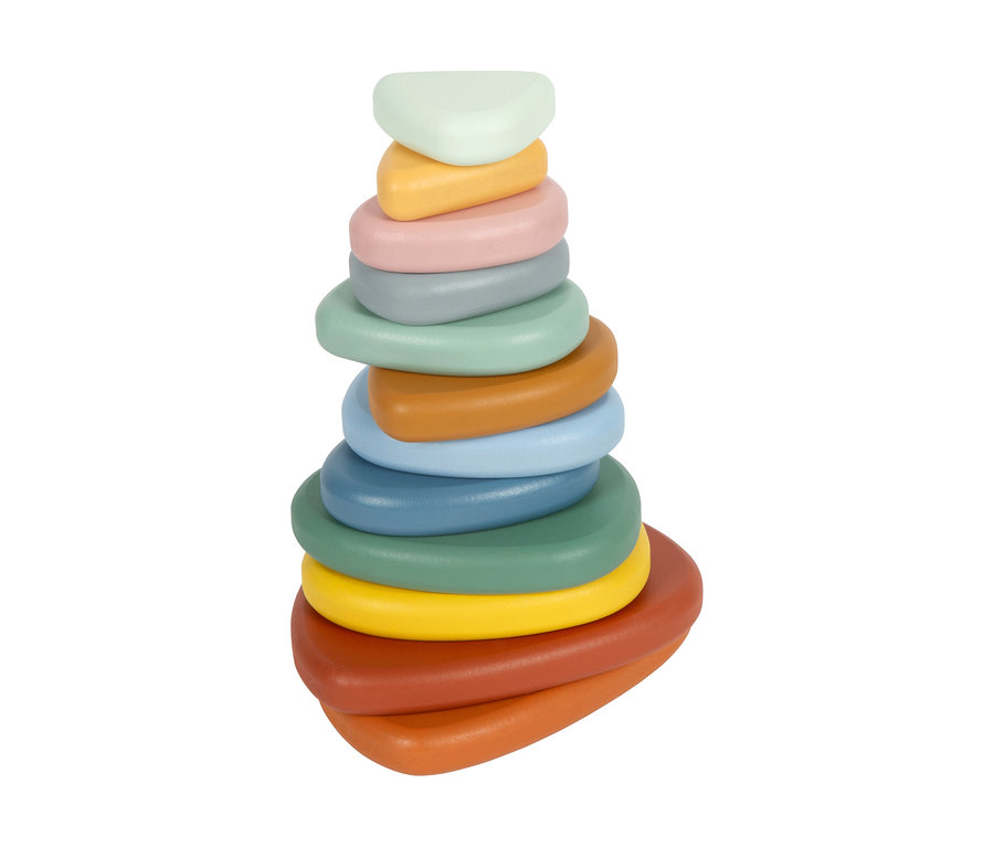 small foot Montessori Stapelturm aus bunten, steinähnlichen Holzformen in Pastell- und Erdtönen.