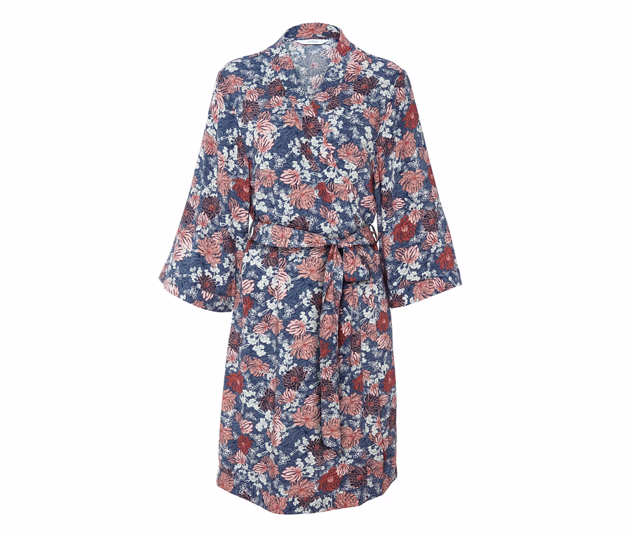 Blauer Kimono-Morgenmantel mit Blumenmuster.