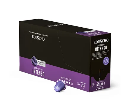 Eine Packung Eduscho Espresso Intenso Kapseln mit einer einzelnen Kapsel davor.