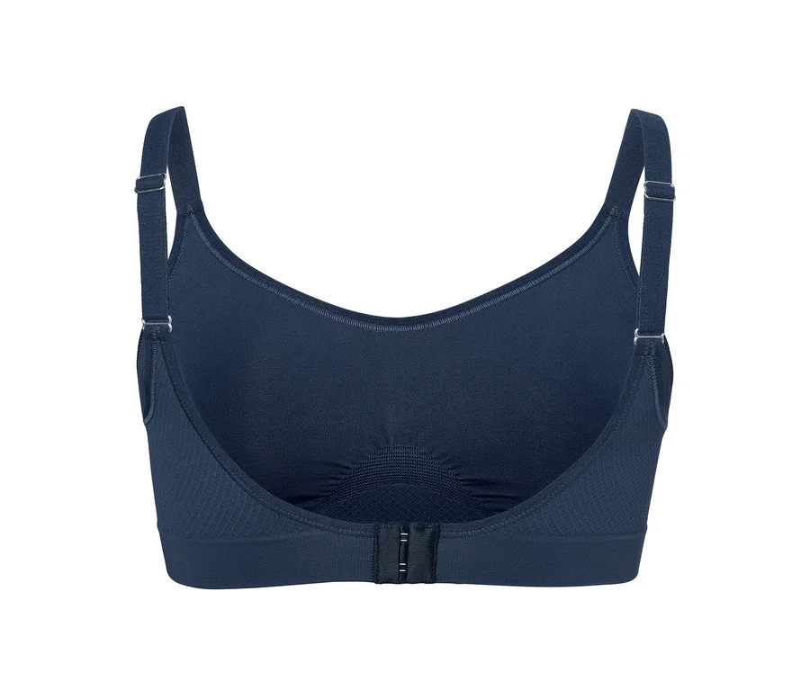 Detailansicht der Rückseite eines blauen Seamless-Sport-BHs.