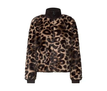Street One Blouson aus Kunstfell mit Leopardenmuster, schwarzem Stehkragen, Reißverschluss und Rippbündchen.