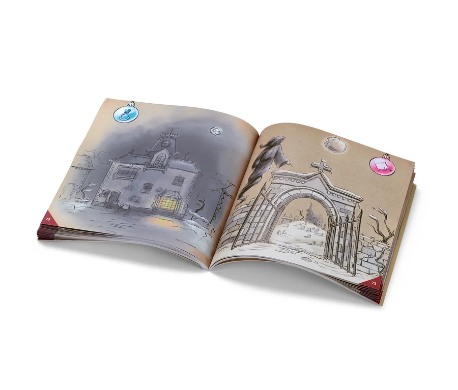 Offenes Buch mit Illustrationen eines Spukhauses und eines Friedhofs.