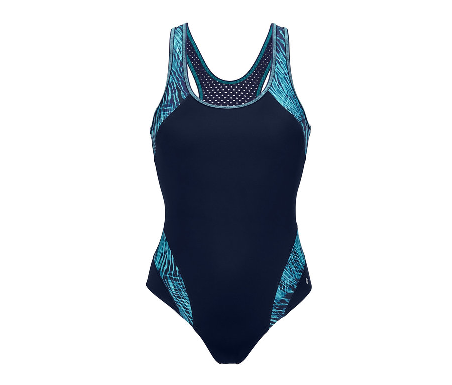 Ein dunkelblauer Sport-Badeanzug mit blau gemusterten Einsätzen an den Seiten.