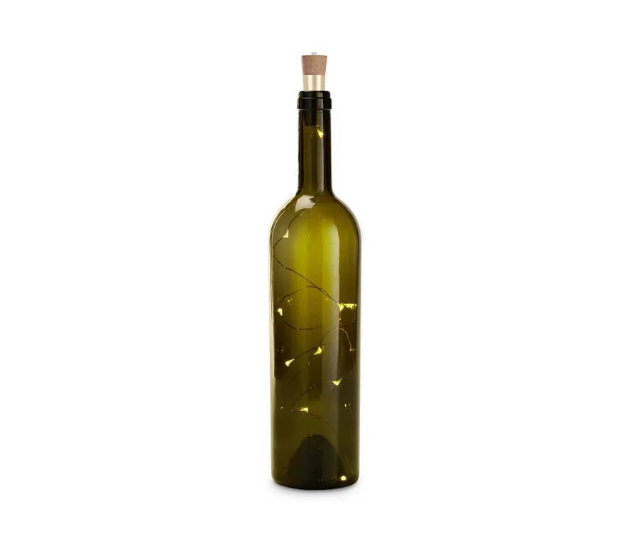Eine grüne Flasche mit einem LED-Korken darin.