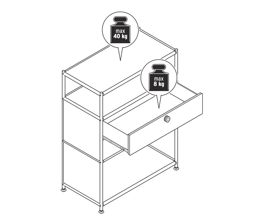 Skizze einer Metallkommode »CN3« mit 2 Schubladen. Die Oberseite der Kommode hat eine maximale Tragfähigkeit von 40 kg, die Schublade hat eine maximale Tragfähigkeit von 8 kg.